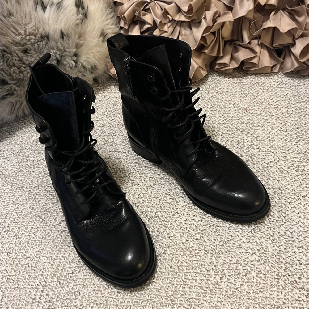 Coupe De Foundre Black Leather Lace-Up Zipper Moto Combat Boots - Picture 10 of 11